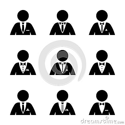 Stick figure suit, tuxedo, shirt, collar, tie, bow, pocket square pictogram vector set. Businessman wear formal, official clothes Vector Illustration