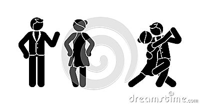 Stick figure tango couple icon set. Man and woman on the dance floor pictogram. Vector Illustration