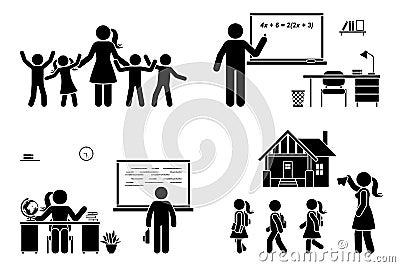Stick figure teacher, kids, writing, teaching student, sitting at desk vector icon. First day, back to school, parent, children Vector Illustration