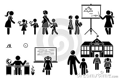 Stick figure teacher, school boy, girl go first day vector icon. Parents, children, kids walking, primary, elementary education Vector Illustration