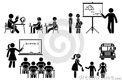 Stick figure teacher, school boy, girl, study, learning vector icon. Lecturer teaching children primary, elementary education Vector Illustration