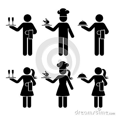 Stick figure waiter, waitress, chief cook man and woman vector icon pictogram set. Standing with champagne glasses, chicken food Vector Illustration