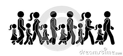 Stick figure walking group of people vector icon pictogram. Man, woman and children moving forward sequence set. Vector Illustration