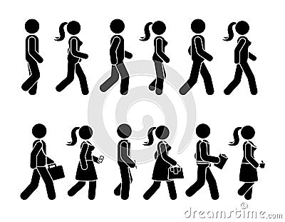 Stick figure walking man and woman vector icon set. Group of people moving forward sequence pictogram. Vector Illustration