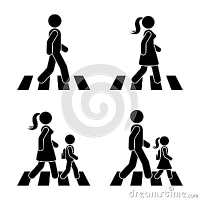 Stick figure walking pedestrian vector icon pictogram. Man, woman and children crossing road set. Vector Illustration