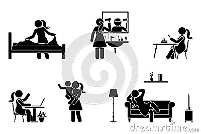 Stick figure woman everyday activities vector icon. Making bed, drying hair, eating, working, playing, resting, relaxing on sofa Vector Illustration