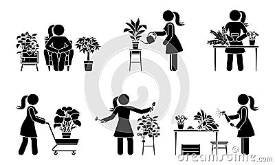 Stick figure woman planting home flowers vector set. Stick lady person taking care of houseplant icon pictogram Vector Illustration