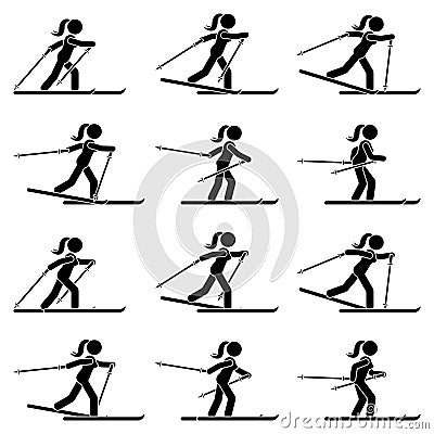 Stick figure woman skiing sequence poses icon vector pictogram set. Winter sport girl stickman on ski posture silhouette Vector Illustration