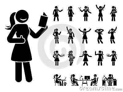 Stick figure woman vector icon set. Reading, talking, happy, sad, surprised, amazed, angry, sitting at office stickman Vector Illustration