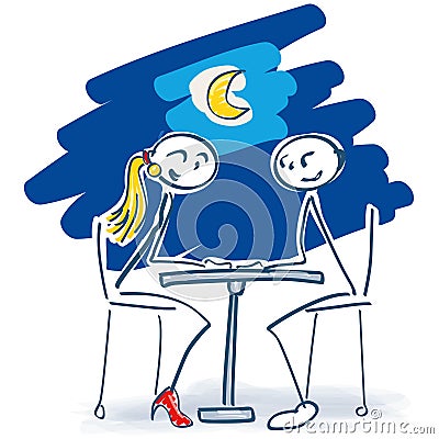 Stick figures as lovers at the table in the night Vector Illustration