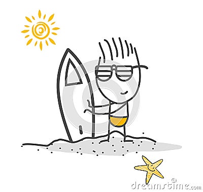 Stick figures. Hello summer. Surf Vector Illustration