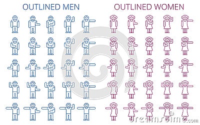 Stick figures icon set. Outlined pictogram of men and women. Vector Illustration