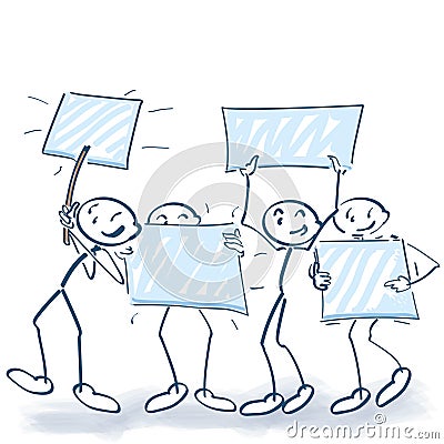 Stick figures marching on a demonstration and holding up signs Vector Illustration