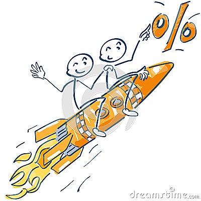 Stick figures on a rocket and flying to the percentages Vector Illustration