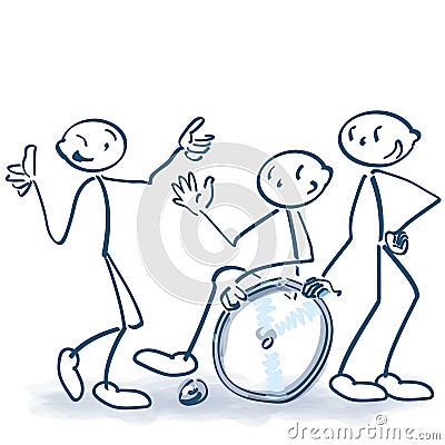 Stick figures with wheelchair, team spirit and inclusion Vector Illustration