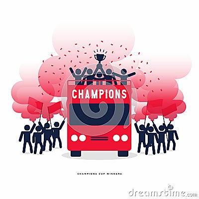 Stick Figures of The Winner Cup Soccer or Football Champions Celebration on the Open Top Buses with Red Smoke Flare. Vector Illustration