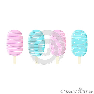 Stick ice cream set, blue and white icing with stripes and dressing Summer sweetmeat, Vector Illustration