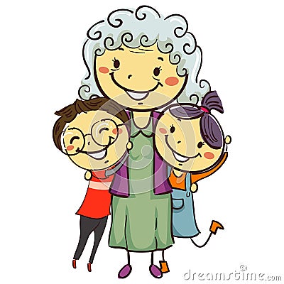 Stick Kids with Grandma Vector Illustration