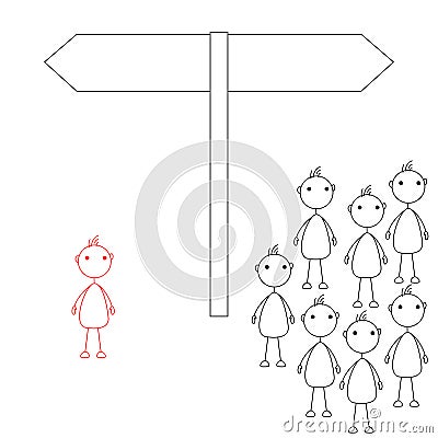 Stick man chooses a different path then the rest Vector Illustration