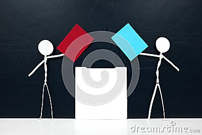 Stick man figure holding red and blue paper ballot beside a vote box. US presidential election democrat versus republican. Stock Photo