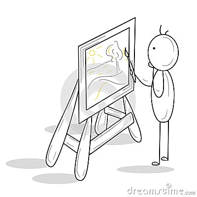 Stick man figure is learning how to draw landscape on easel with brush with yellow paint. Artist is painting masterpiece with grey Vector Illustration