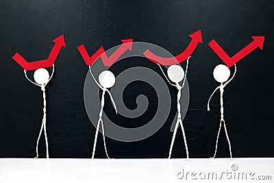 Stick man figures holding different rebound arrow shapes. Covid-19 pandemic crisis economic recovery concept. Stock Photo