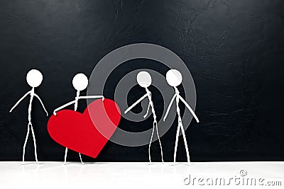 Stick man holding big red heart shape while giving to other people. Share love and kindness, give hope, helping others concept. Stock Photo