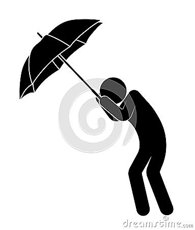 Stick man, person with an umbrella is protected from strong wind and bad weather, cannot stay on his feet. Health protection in Vector Illustration