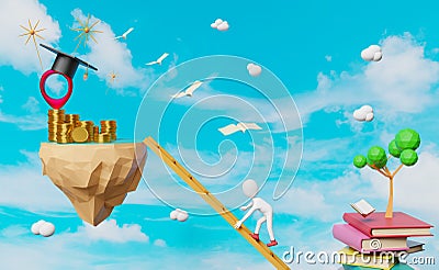 Stick man and pin with book and graduation hat,floating island ,Gold coin in sky background ,graduate and success concept ,3d Cartoon Illustration
