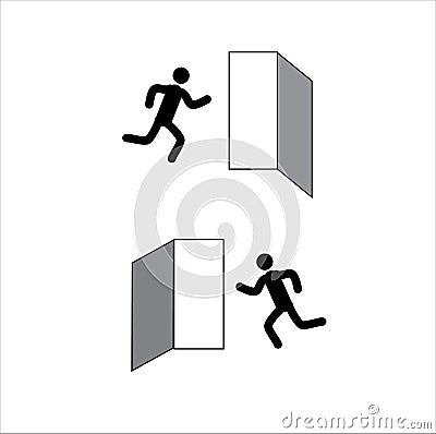 Stick man runs to the exit, icons warning of the presence of the exit from the room Vector Illustration