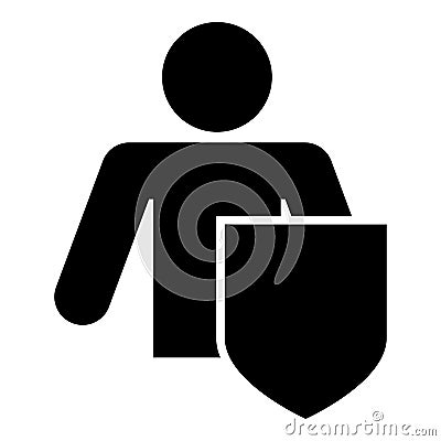 Stick man with shield Protecting personal data concept Man holding shield for reflecting attack Protected from attack idea icon Vector Illustration