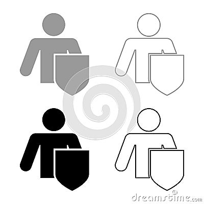 Stick man with shield Protecting personal data concept Man holding shield for reflecting attack Protected from attack idea icon Vector Illustration