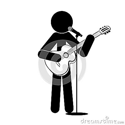 Stick man stands, plays the guitar, sings into a microphone Vector Illustration