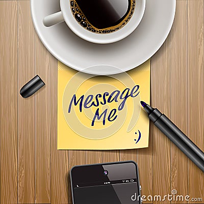 Stick note with marker, coffee cup and tablet Vector Illustration