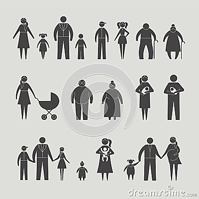 Stick people. Family couples silhouettes mother father kids different ages recent vector stylized pictures Vector Illustration