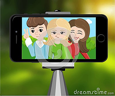Stick for selfie. Monopod Selfie shots cartoon illustration.Young couple making self portrait. Cartoon Illustration
