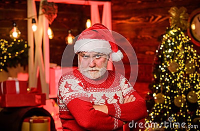 Stick to traditions. December sale. Knitted sweater. Celebrate new year. Winter traditions. Santa Claus. Stylish elderly Stock Photo