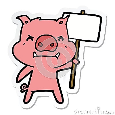 sticker of a angry cartoon pig protesting Vector Illustration