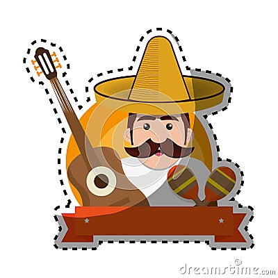 Sticker background man with moustache and mexican elements Vector Illustration