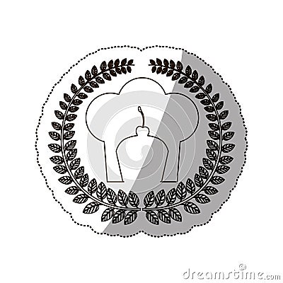 Sticker medium shade of arch of leaves with chefs hat and cupcake Vector Illustration