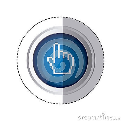 sticker blue circular button with silhouette pixelated hand pointing up Cartoon Illustration