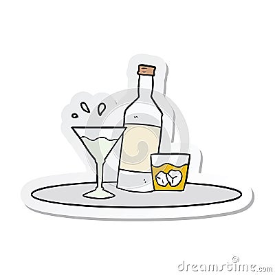 sticker of a cartoon drinks on tray Vector Illustration