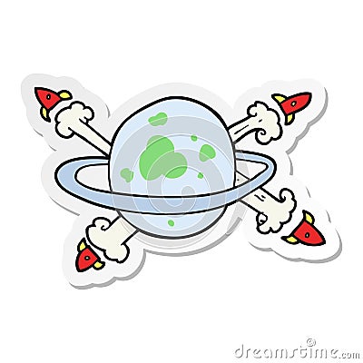 sticker of a cartoon rockets leaving a planet Vector Illustration