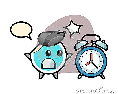 Sticker cartoon surprised with a giant alarm clock Vector Illustration