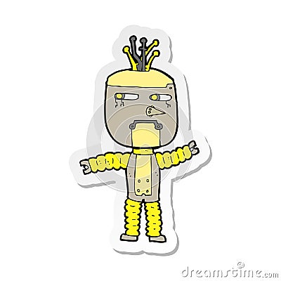 sticker of a cartoon waving robot Vector Illustration