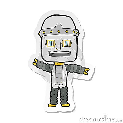 sticker of a cartoon waving robot Vector Illustration