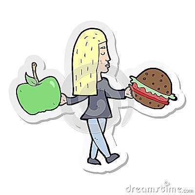 sticker of a cartoon woman deciding to eat healthy Vector Illustration