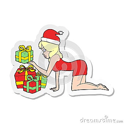 sticker of a cartoon woman opening presents Vector Illustration