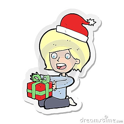 sticker of a cartoon woman opening presents Vector Illustration