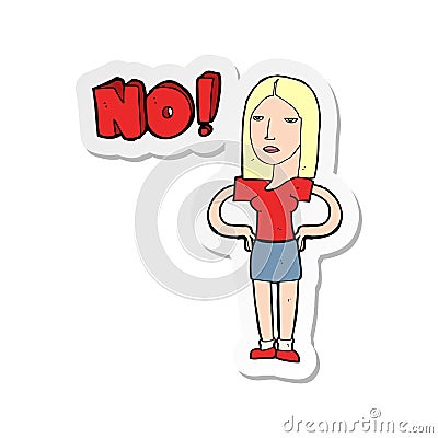 sticker of a cartoon woman saying no Vector Illustration